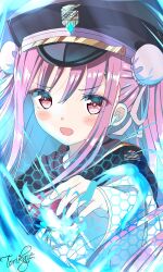  1girl ascot aura black_cape black_hat blush bun_cover cape commentary double_bun energy energy_barrier fighting_stance hair_between_eyes hair_bun hair_ribbon hand_up hat heaven_burns_red highres kunimi_tama long_hair long_sleeves looking_at_viewer military_hat open_mouth peaked_cap pink_eyes pink_hair pink_pupils red_ascot ribbon shirt sidelocks signature solo straight_hair torikaze785 upper_body v-shaped_eyebrows white_ribbon white_shirt wide_sleeves 