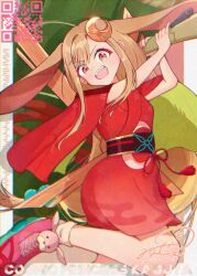  1girl absurdres animal_ears brown_eyes brown_hair cho_kaguya-hime! commentary_request crescent crescent_hair_ornament egasumi fangs hair_ornament highres holding holding_weapon japanese_clothes kaguya_(cho_kaguya-hime!) kimono long_hair minasee_37 open_mouth pink_shoes qr_code rabbit_ears rabbit_girl red_kimono shoes sidelocks signature solo weapon 