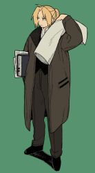  1boy black_shoes blonde_hair closed_mouth coat collared_shirt edward_elric full_body fullmetal_alchemist green_background grey_coat grey_pants highres holding long_hair long_sleeves looking_to_the_side ls182_520 male_focus open_collar pants ponytail shirt shoes sideways_glance solo standing white_shirt 