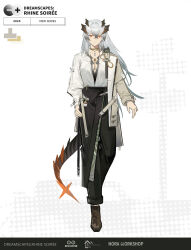  11167877 1girl absurdres alternate_costume arknights arm_out_of_sleeve asymmetrical_clothes black_pants breasts brown_shoes chinese_commentary commentary_request doraneko_(1744546605) dragon_girl dragon_horns dragon_tail full_body grey_hair grey_jacket hair_between_eyes hand_on_own_hip highres horns id_card jacket jewelry long_hair looking_at_viewer medium_breasts necklace orange_eyes pants rhine_lab_logo saria_(arknights) shirt shoes solo standing tail walkie-talkie white_shirt 