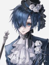  1boy absurdres aristocratic_clothes ascot bishounen black_ribbon blue_eyes blue_hair blue_ribbon blue_suit cane chinese_commentary ciel_phantomhive commentary_request duanxiu979 eyepatch flower frilled_hat frills hair_between_eyes hair_over_one_eye hat hat_flower hat_ribbon head_tilt highres kuroshitsuji male_focus mini_hat mini_top_hat parted_lips ribbon short_hair side_part signature simple_background solo suit top_hat upper_body victorian white_ascot white_background white_flower 