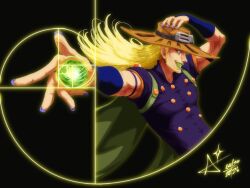  1boy akirakilla061 armband beard blue_bridal_gauntlets blue_nails bridal_gauntlets brown_hat cape commentary cowboy_hat english_commentary facial_hair foreshortening goggles goggles_on_headwear gold_teeth golden_spiral green_cape grills gyro_zeppeli hand_on_headwear hat high_collar highres jojo_no_kimyou_na_bouken looking_at_viewer orange_sleeves purple_armband purple_shirt purple_sleeves shirt short_sleeves solo spinning steel_ball_(jojo) steel_ball_run two-tone_sleeves 