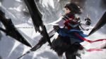  1girl black_eyes black_hair copyright_name fingerless_gloves gloves highres looking_at_viewer looking_back original pixiv_fantasia pixiv_fantasia_fallen_kings scarf short_hair smile solo swd3e2 wind 