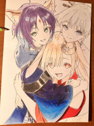  3girls absurdres animal_ears art_tools_in_frame black_choker blue_eyes blue_hoodie brown_eyes cho_kaguya-hime! choker colored_pencil_(medium) commentary_request crescent crescent_hair_ornament forehead_jewel fox_ears fox_girl green_eyes hair_ornament highres hood hood_down hoodie japanese_clothes kaguya_(cho_kaguya-hime!) kimono long_hair looking_at_viewer multiple_girls open_mouth rabbit_ears rabbit_girl rara_(pixiv_123681336) red_kimono runami_yachiyo sakayori_iroha traditional_media white_hair 