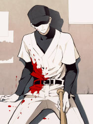  1boy against_wall baseball_bat baseball_cap baseball_uniform belt black_belt black_hat blood blood_on_clothes blood_on_face hat holding holding_baseball_bat layered_sleeves long_sleeves male_focus off_(game) on_floor pants sakuyamochi shaded_face shirt shirt_tucked_in short_over_long_sleeves short_sleeves solo sportswear the_batter_(off) undershirt white_pants white_shirt 