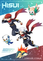  1boy 1girl absurdres akari_(pokemon) bag black_eyes black_hair black_kimono black_pants brown_bag brown_sandals closed_eyes closed_mouth commentary_request copyright_name cyndaquil fanny_pack fire galaxy_team_survey_corps_uniform hand_on_headwear headscarf highres hisuian_poke_ball holding holding_poke_ball japanese_clothes kimono long_hair oshawott outline pants poke_ball pokemon pokemon_(creature) pokemon_legends:_arceus ponytail red_scarf rei_(pokemon) rowlet sandals sawarabi_(sawarabi725) scarf short_hair sidelocks socks starter_pokemon_trio very_short_hair white_headscarf white_outline white_socks 