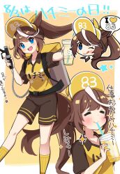  1girl akane_(akane112234) alternate_costume animal_ears bag blue_eyes blush breasts brown_hair brown_shorts brown_sleeves closed_eyes closed_mouth commentary_request cup disposable_cup drinking drinking_straw drinking_straw_in_mouth hair_between_eyes highres horse_ears horse_girl horse_tail long_hair looking_at_viewer multicolored_hair multiple_views nozzle one_eye_closed open_mouth ponytail shirt short_sleeves shorts small_breasts smile socks star_(symbol) streaked_hair tail tokai_teio_(umamusume) tongue tongue_out two-tone_hair umamusume uriko_(baseball) visor_cap white_hair yellow_shirt yellow_socks 