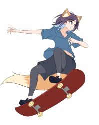  1girl animal_ear_fluff animal_ears black_pants black_shoes black_shorts blue_hair blue_hoodie cho_kaguya-hime! colored_inner_hair facial_mark forehead_mark fox_ears fox_tail from_below from_side full_body green_eyes grin highres hood hood_down hoodie midriff_peek multicolored_hair ollie_(skateboarding) outstretched_arm pants purple_hair sakayori_iroha shoes short_hair short_sleeves shorts simple_background skateboard smile solo tail white_background yukiguni773 