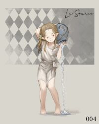  1girl argyle_background arm_up bare_legs barefoot brown_hair character_name closed_eyes elf fine_art_parody flower fragrance_(freakyduck9000) full_body grey_background hair_flower hair_ornament highres knees_together_feet_apart la_source_(reverse:1999) long_hair parody pointy_ears pouring reverse:1999 signature smile solo standing storage_pot the_source tunic water white_flower white_tunic 