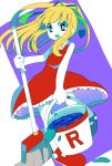  1girl blonde_hair blue_eyes broom bucket dress frills hair_ribbon long_hair no_socks opepeko payot ponytail red_dress ribbon rockman rockman_(classic) roll solo water 