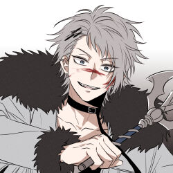  1boy black_choker blood blood_on_face blue_eyes choker commentary_request frifri1213 fur-trimmed_jacket fur_trim grey_hair grey_jacket highres holding holding_weapon jacket korean_commentary open_mouth short_hair simple_background sousou_no_frieren weapon wirbel_(sousou_no_frieren) 