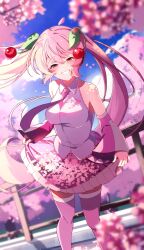  1girl bare_shoulders blush breasts cherry_blossoms cherry_hair_ornament collarbone collared_shirt commentary_request detached_sleeves flower food-themed_hair_ornament hair_between_eyes hair_ornament hatsune_miku highres long_hair looking_at_viewer medium_breasts necktie open_mouth pink_eyes pink_flower pink_hair pink_necktie pink_sleeves pleated_skirt sakura_miku shirt skirt sleeveless sleeveless_shirt smile solo teeth tie_clip twintails ukime05 very_long_hair vocaloid white_trim 