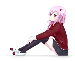  1girl black_legwear guilty_crown hair_ornament hairclip iray kneehighs long_hair pink_hair red_eyes school_uniform sitting solo twintails yuzuriha_inori 