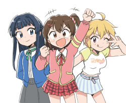  3girls :d ;q arm_up arms_behind_back black_hair black_skirt blonde_hair blue_eyes blue_shirt breasts brown_eyes brown_hair clenched_hands closed_mouth ibuki_tsubasa idolmaster idolmaster_million_live! kasuga_mirai long_hair long_sleeves looking_at_viewer miniskirt mogami_shizuka multiple_girls one_eye_closed open_mouth pink_eyes pink_shirt red_skirt shirt short_hair short_sleeves simple_background skirt smile standing tongue tongue_out tsubobot v-shaped_eyebrows w white_background white_shirt yellow_sleeves 