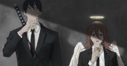  2boys angel angel_devil_(chainsaw_man) angel_wings arm_up black_hair black_jacket blue_eyes chainsaw_man cigarette closed_mouth collared_shirt commentary_request double-parted_bangs earrings hair_between_eyes halo hayakawa_aki highres holding holding_cigarette holding_ice_cream_cone iart00000000 ice_cream_cone jacket jewelry katana lapels long_hair male_focus multiple_boys notched_lapels piercing red_hair shirt smoke smoke_trail stud_earrings suit_jacket sword sword_on_back tongue tongue_out upper_body weapon weapon_on_back white_shirt wing_collar wings 