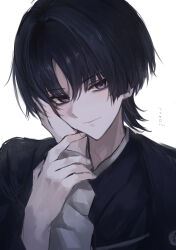  1boy absurdres alternate_costume black_hair black_haori black_kimono blunt_ends closed_mouth commentary empty_eyes eyeliner female_pov fingernails genshin_impact guided_hand_on_cheek hair_intakes hand_on_another's_face haori head_tilt highres holding_another's_arm japanese_clothes kimono long_sleeves makeup male_focus portrait pov red_eyeliner scaramouche_(genshin_impact) smile solo sweat talking_ok translation_request tsurime violet_eyes white_background white_sleeves wispy_bangs 