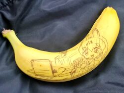  1girl animal_ears at_computer banana bow bowtie commentary computer computer_keyboard food food_art_(medium) fruit kemono_friends laptop nejirome open_mouth photo_(medium) serval_(kemono_friends) short_hair sketch smile solo unconventional_media untranslatable_commentary upper_body 