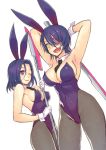  2girls alternate_costume and animal_ears armpits arms_up bare_shoulders between_breasts black_legwear blush breasts bunnysuit cleavage eyepatch fang glaive gloves headgear kantai_collection large_breasts mechanical_halo multiple_girls necktie necktie_between_breasts one_eye_closed open_mouth pantyhose purple_hair rabbit_ears short_hair simple_background smile sword tatsuta_(kantai_collection) tenryuu_(kantai_collection) violet_eyes weapon white_background wrist_cuffs yellow_eyes 