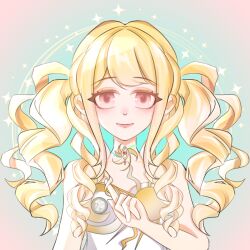  1girl aegyo_sal aqua_background bare_arms bare_shoulders blonde_hair border brown_eyes chinese_commentary closed_mouth commentary_request dress drill_hair eyelashes eyeshadow happy highres infinity_nikki light_blush lipstick long_hair long_sidelocks makeup nikki_(series) outside_border pink_border pink_lips pointing pointing_up round_border sidelocks smile solo sparkle strapless strapless_dress stylist_(nikki) sun_symbol twintails upper_body white_dress xiangguo yellow_eyeshadow 