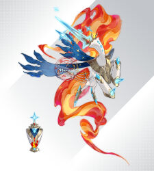  blue_gem blue_wings bottle commentary_request dated energy_sword fiery_hair fiery_tail fire gem grey_background hand_wings maruneko no_eyes no_humans object_through_head original pegasus pixiv_username simple_background star_(symbol) sword sword_in_head tail weapon white_background wings 