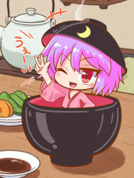  +++ 1girl ;d arm_up blush bowl bowl_hat commentary_request crescent food hat highres in_bowl in_container indoors japanese_clothes kajiya_no_masa kimono long_sleeves mini_person minigirl no_nose one-hour_drawing_challenge one_eye_closed open_mouth pink_hair red_eyes red_kimono short_hair smile solo soy_sauce sukuna_shinmyoumaru teapot touhou translation_request v-shaped_eyebrows vegetable w wide_sleeves 