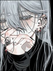  1other aegyo_sal androgynous barbell_piercing black_background black_nails black_shirt blush bracelet bright_pupils close-up closed_mouth colored_eyelashes commentary covering_own_mouth cross ear_piercing earclip earrings face_piercing finger_piercing four-pointed_star gender_request grey_eyes grey_hair hair_between_eyes half-closed_eyes hand_over_own_mouth heart heart_earrings highres industrial_piercing inverted_eyelashes jewelry koinago_38 labret_piercing long_hair long_sleeves multiple_piercings multiple_rings original other_focus piercing portrait ring shirt silver_earrings silver_ring sleeves_past_wrists solo sparkle star_(symbol) sweater too_many_piercings turtleneck turtleneck_sweater untranslatable_commentary white_pupils 