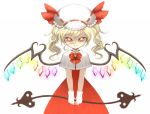  1girl alternate_hairstyle ascot blonde_hair blush flandre_scarlet gloves hat heart heart-shaped_pupils laevatein red_eyes shaded_face short_hair simple_background smile solo symbol-shaped_pupils touhou twintails v_arms white_background white_gloves wings 