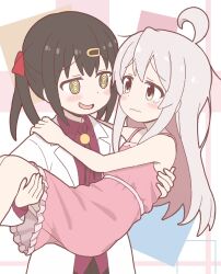  2girls :d @_@ ahoge bare_arms bare_shoulders black_hair black_ribbon blush bolo_tie carrying dot_nose dress eye_contact frilled_dress frills hair_ornament hair_ribbon hairclip highres lab_coat long_sleeves looking_at_another multiple_girls onii-chan_wa_oshimai! open_mouth oyama_mahiro oyama_mihari pink_dress princess_carry red_shirt ribbon rtbspecter shirt siblings simple_background sisters smile tearing_up twintails wavy_mouth white_hair wing_collar yellow_eyes 