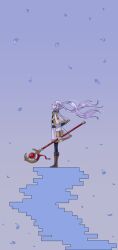  1girl black_pantyhose blue_petals boots brown_boots capelet cardcaptor_sakura closed_eyes earrings elf falling_petals floating_hair frieren from_side full_body gold_trim grey_hair highres holding holding_staff jewelry long_hair long_sleeves mage_staff pantyhose parody parted_bangs petals pointy_ears profile scene_reference skirt sleeve_cuffs sousou_no_frieren staff stairs standing teardrop_earrings twintails wanderjegson white_capelet white_skirt 