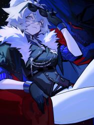  1girl absurdres antenna_hair arknights arm_support belt black_gloves black_jacket blue_shirt breasts collared_shirt commentary couch cropped_hair cropped_legs crossed_bangs crossed_legs distr double-parted_bangs english_commentary eyewear_on_head from_below fur-trimmed_jacket fur_trim gloves grey_eyes grey_hair hand_up high_ponytail highres jacket lappland_(arknights) medium_breasts messy_hair necktie night pants ponytail scar scar_across_eye scar_on_face sharp_teeth shirt short_sleeves sitting sky sleeves_rolled_up smug solo spiky_hair star_(sky) striped_clothes striped_shirt sunglasses teeth white_fur white_necktie white_pants white_shirt 