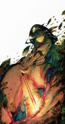  1girl absurdres blue_bow blue_hair bow bowtie center_frills closed_mouth commentary_request dress floating_hair floating_rock frills full_body glowing glowing_weapon hat highres hinanawi_tenshi holding holding_sword holding_weapon long_dress long_hair looking_at_viewer puffy_short_sleeves puffy_sleeves red_bow red_bowtie red_eyes short_sleeves sibanoue1561 smile solo sword sword_of_hisou touhou underlighting waist_bow weapon white_background white_dress 