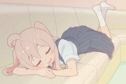  1girl ahoge bare_arms black_skirt closed_eyes commentary couch drooling feet_up full_body indoors light_blush lying neck_ribbon no_shoes on_couch on_stomach onii-chan_wa_oshimai! open_mouth overall_skirt oyama_mahiro pink_hair pleated_skirt red_ribbon ribbon rtbspecter school_uniform shirt short_sleeves skirt sleeping smile socks solo twintails white_shirt white_socks yotsuba_university_affiliated_junior_high_school_uniform 