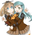  2girls :&lt; ;d ajino_(sakanahen) ascot blue_eyes blue_hair blush_stickers brown_hair brown_skirt fang frilled_skirt frills green_eyes headgear kantai_collection kumano_(kantai_collection) long_hair long_sleeves multiple_girls one_eye_closed open_mouth orange_legwear pleated_skirt ponytail simple_background skirt smile suzuya_(kantai_collection) thigh-highs turret white_background 