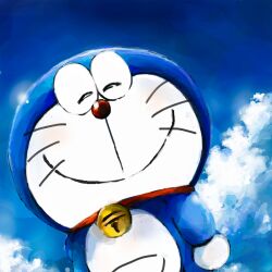  bell blue_sky cat closed_eyes closed_mouth clouds collar commentary_request doraemon doraemon_(character) mochizuki_tagosaku red_collar red_nose robot robot_cat sky smile solo 