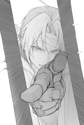  1boy ahoge bandaged_head bandages braid edward_elric fullmetal_alchemist gate greyscale hair_over_one_eye highres jacket kkamiiz long_hair looking_at_viewer male_focus monochrome parted_lips pointing pointing_at_viewer prosthesis prosthetic_arm single_braid solo teeth upper_body v-shaped_eyebrows white_background 