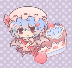  1girl :3 alternate_costume bat_wings blue_hair cake cake_slice chibi chibi_only closed_mouth commentary dress food fruit full_body hair_between_eyes hat hat_ribbon holding holding_polearm holding_weapon looking_at_viewer medium_hair mini_person minigirl mob_cap pink_dress pink_hat pointy_ears polearm polka_dot polka_dot_background polka_dot_dress puffy_short_sleeves puffy_sleeves purple_background red_eyes remilia_scarlet ribbon short_sleeves silverrain sleeve_bow smile solo spear spear_the_gungnir strawberry touhou weapon wings 