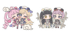  4girls ;) ;d aozora_himari black_dress black_hair blonde_hair blue_dress blue_eyes blue_hairband blunt_bangs blush_stickers chibi chibi_only closed_mouth commentary_request dress frilled_dress frilled_hairband frills full_body hairband heart highres himitsu_no_aipri hoshikawa_mitsuki long_hair looking_at_viewer mamiya_chii multiple_girls one_eye_closed open_mouth pink_dress pink_hair pink_hairband pnt_0202 pretty_series purple_hair short_hair short_sleeves simple_background smile standing suzukaze_tsumugi twintails violet_eyes white_background yellow_eyes 