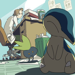  1boy book brown_hair chair closed_eyes closed_mouth cyndaquil desk glasses green_pants male_focus oddish pants paper pokemon pokemon_(creature) pokemon_gold/silver/crystal professor_elm saboteri_(savot) sitting smile swivel_chair trash_can working 