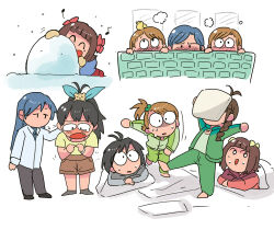 6+girls akizuki_ritsuko amami_haruka antenna_hair bath black_hair blue_hair blush bow brown_hair brown_shorts commentary_request constricted_pupils eighth_note futami_ami futami_mami ganaha_hibiki green_jacket green_pants grey_pants hair_bow highres idolmaster idolmaster_(classic) idolmaster_1 jacket kikuchi_makoto kisaragi_chihaya long_hair long_sleeves lying multiple_girls multiple_hair_bows musical_note nervous_sweating nonowa on_stomach pants pillow pillow_fight ponytail quarter_note red_bow shirt short_hair shorts side_ponytail snow sweat throwing tsubobot white_shirt yellow_bow yellow_shirt 