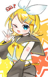  >_o 1girl arm_tattoo black_sailor_collar black_shorts blonde_hair blue_eyes blue_hair blush bow commentary_request detached_sleeves fang frilled_shirt frills hair_bow hair_ornament hairband hairclip hand_up headphones highres kagamine_rin mononosumi neckerchief number_tattoo one_eye_closed open_mouth sailor_collar shirt short_hair short_sleeves shorts simple_background skin_fang smile solo swept_bangs tattoo vocaloid w white_background white_hairband white_shirt yellow_neckerchief 