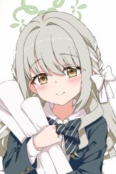  1girl absurdres black_jacket blue_archive blush bow closed_mouth collared_shirt commentary_request green_halo grey_hair hair_bow halo highres holding holding_scroll jacket long_hair long_sleeves looking_at_viewer miyo_(blue_archive) nana01_art portrait scroll shirt simple_background smile solo striped_bow upper_body white_background white_bow white_shirt 