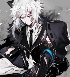  1boy 1girl animal_ears arknights black_gloves black_jacket black_necktie blood blood_on_face carrying closed_mouth collared_shirt doctor_(arknights) female_doctor_(arknights) fur_trim gloves grey_background grey_eyes grey_hair highres hood hood_up hooded_jacket injury jacket juexing_(moemoe3345) long_sleeves necktie princess_carry shirt silverash_(arknights) snow_leopard_boy snow_leopard_ears torn_clothes upper_body white_hair white_shirt 