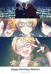  4boys akehoshi_subaru black_gloves black_hair blonde_hair blue-framed_eyewear blue_jacket blush character_name closed_mouth commentary dated ensemble_stars! fingerless_gloves gloves green_eyes hair_between_eyes hand_up happy_birthday hidaka_hokuto high_collar highres ikeco_ike isara_mao jacket light_particles looking_at_viewer male_focus microphone multiple_boys multiple_views open_clothes open_jacket open_mouth orange_hair short_hair teeth trickstar_(ensemble_stars!) upper_teeth_only w yuuki_makoto_(ensemble_stars!) 