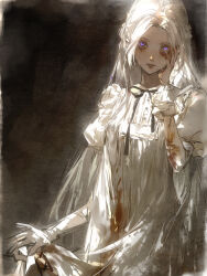 1girl absurdres blood blood_on_clothes blood_on_face breasts crying crying_with_eyes_open dress edelgard_von_hresvelg fire_emblem fire_emblem:_three_houses grey_background hand_on_own_cheek hand_on_own_face hand_up highres holding_own_skirt lkppp long_hair long_sleeves neck_ribbon ribbon small_breasts solo tears upper_body violet_eyes white_dress white_hair 
