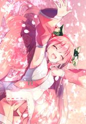  1girl :d armpits blush closed_eyes collared_shirt commentary_request cowboy_shot detached_sleeves frilled_shirt frilled_shirt_collar frills hair_between_eyes hatsune_miku highres long_hair lying mani_(manidrawings) necktie on_back outstretched_arms petals pink_hair pink_necktie pink_petals pink_skirt pleated_skirt sakura_miku shirt sidelocks skirt sleeveless sleeveless_shirt smile solo teeth twintails upper_teeth_only very_long_hair vocaloid white_shirt 