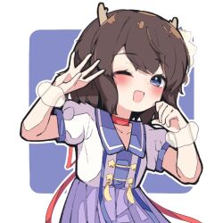  1girl antlers blush brown_hair choker dress hair_ornament highres horns indie_utaite kano_(utaite) naii0915 one_eye_closed puffy_short_sleeves puffy_sleeves purple_background red_choker sailor_collar short_hair short_sleeves simple_background smile solo star_(symbol) star_hair_ornament star_ornament tassel upper_body utaite 