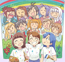  3girls :d ^_^ akizuki_ritsuko amami_haruka blue_hair bow brown_hair closed_eyes facing_viewer futami_ami futami_mami ganaha_hibiki grin hagiwara_yukiho hair_bow highres holding holding_paint_palette holding_paintbrush hoshii_miki idolmaster idolmaster_(classic) idolmaster_2 kikuchi_makoto kisaragi_chihaya long_hair minase_iori miura_azusa multiple_girls multiple_hair_bows open_mouth paint_on_clothes paint_palette paintbrush painting_(object) red_bow shijou_takane shirt short_hair short_sleeves side-by-side side_ponytail smile t-shirt takatsuki_yayoi tsubobot v-shaped_eyebrows white_shirt 