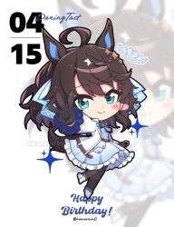  1girl ahoge animal_ears black_gloves black_pantyhose blue_eyes blush breasts brown_hair chibi closed_mouth commentary_request daring_tact_(racing)_(umamusume) daring_tact_(umamusume) dress gloves hair_between_eyes hair_ornament happy_birthday highres horse_ears horse_girl horse_tail jacket kanntsukirin long_hair long_sleeves looking_at_viewer middle_w pantyhose smile star_(symbol) tail umamusume w white_dress white_jacket zoom_layer 