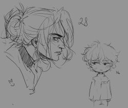  1boy absurdres age_progression clenched_teeth collared_shirt curtained_hair greyscale hair_bun highres looking_to_the_side male_focus messy_hair mniwnzr monochrome multiple_views parted_lips shadow_slave shirt sunny_(shadow_slave) teeth 