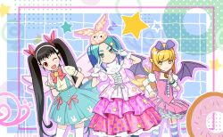  3d 3girls angel_wings animal_print aqua_bow aqua_hair aqua_pantyhose aqua_skirt aqua_theme arms_behind_back artist_request back_bow backpack bag bare_arms bat_wings black_hair black_wings blonde_hair blue_background blush_stickers border bow bow_hairband bowtie bracelet brooch buttons capelet card_commentary center_frills center_opening checkered_bow checkered_clothes checkered_dress checkered_hat choker closed_mouth commentary cowboy_shot cross-laced_clothes cross-laced_dress dot_nose double_v doughnut dress dress_bow expressionless fake_wings fang food food-themed_choker forehead frilled_dress frilled_gloves frills game_cg gloves googly_eyes green_eyes grid_background hachikuji_mayoi hair_bow hair_ornament hairband hairclip halftone hand_on_own_hip happy hat hat_bow high-waist_skirt highres jewelry lace-trimmed_thighhighs lace_trim large_bow light_blush light_frown long_hair magical_girl mahou_shoujo_madoka_magica mahou_shoujo_madoka_magica_magia_exedra mini_hat monogatari_(series) multicolored_thighhighs multiple_girls navel official_art one_eye_closed ononoki_yotsugi open_mouth orange_bow orange_hat oshino_shinobu outline outside_border pantyhose petticoat pink_bag pink_bow pink_dress pink_wings pleated_dress pointing pointing_up print_dress print_skirt puffy_short_sleeves puffy_sleeves purple_bow purple_bowtie purple_choker purple_hairband purple_outline purple_thighhighs rabbit_print red_bow red_bowtie red_eyes ribbed_thighhighs ribbon shirt shirt_under_dress short_dress short_sleeves skirt skirt_bow sleeveless sleeveless_dress smirk snail square_neckline standing star_(symbol) star_brooch star_hair_ornament star_print straight_hair striped_clothes striped_thighhighs suspender_skirt suspenders thick_eyebrows thigh-highs third-party_source turtleneck_capelet twintails two-tone_bow two-tone_hat two-tone_thighhighs unmoving_pattern v v-shaped_eyebrows very_long_hair waist_ribbon white_border white_capelet white_gloves white_hairband white_ribbon white_shirt white_thighhighs white_wrist_cuffs winged_bag wings wrist_cuffs yellow_bow yellow_eyes yellow_hat 